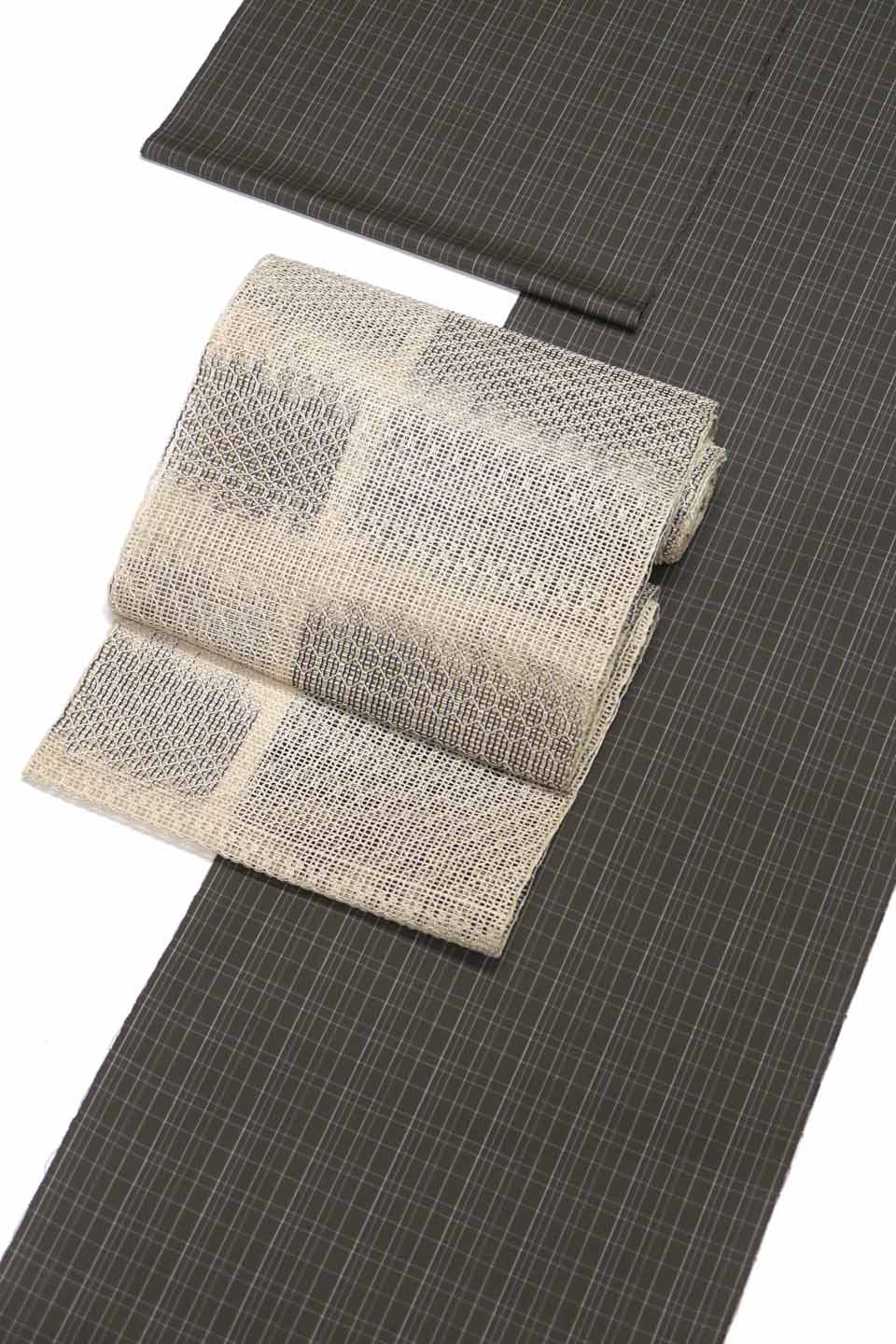 紬（西陣織（正絹washable男女兼用）：深緑鼠：乱格子）