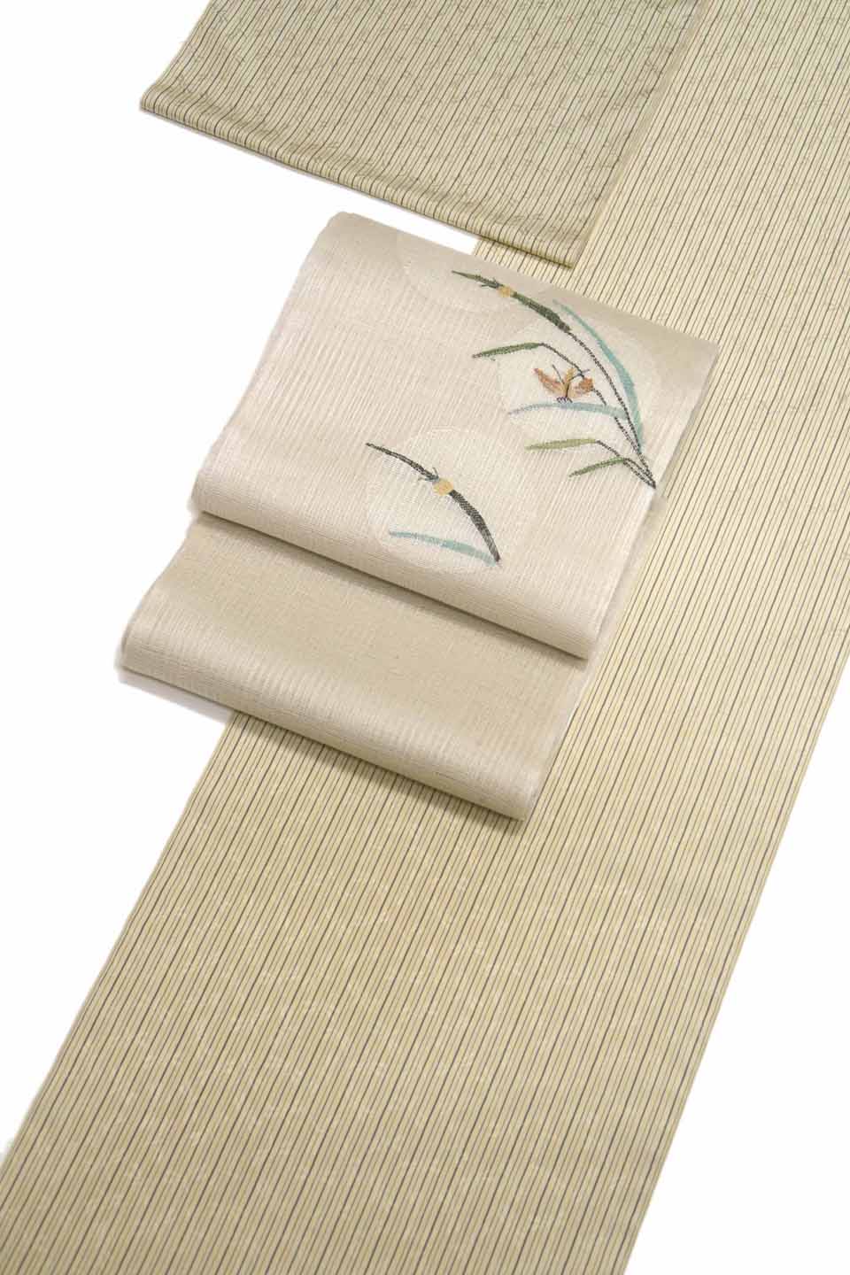 米沢紬（もじり織り：淡黄緑鼠：両子持ち縞に透かし柄の蜻蛉）