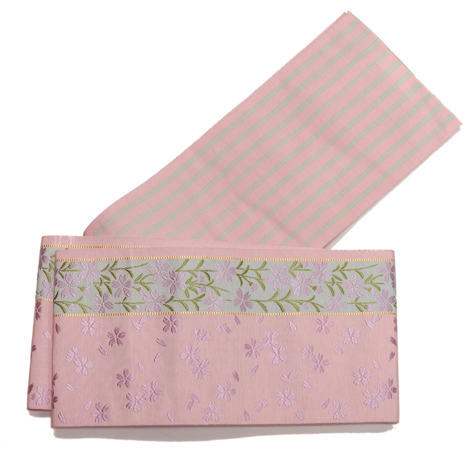 小袋帯（本場筑前博多織：肌色ピンクと淡い薄緑色：舞桜と撫子）