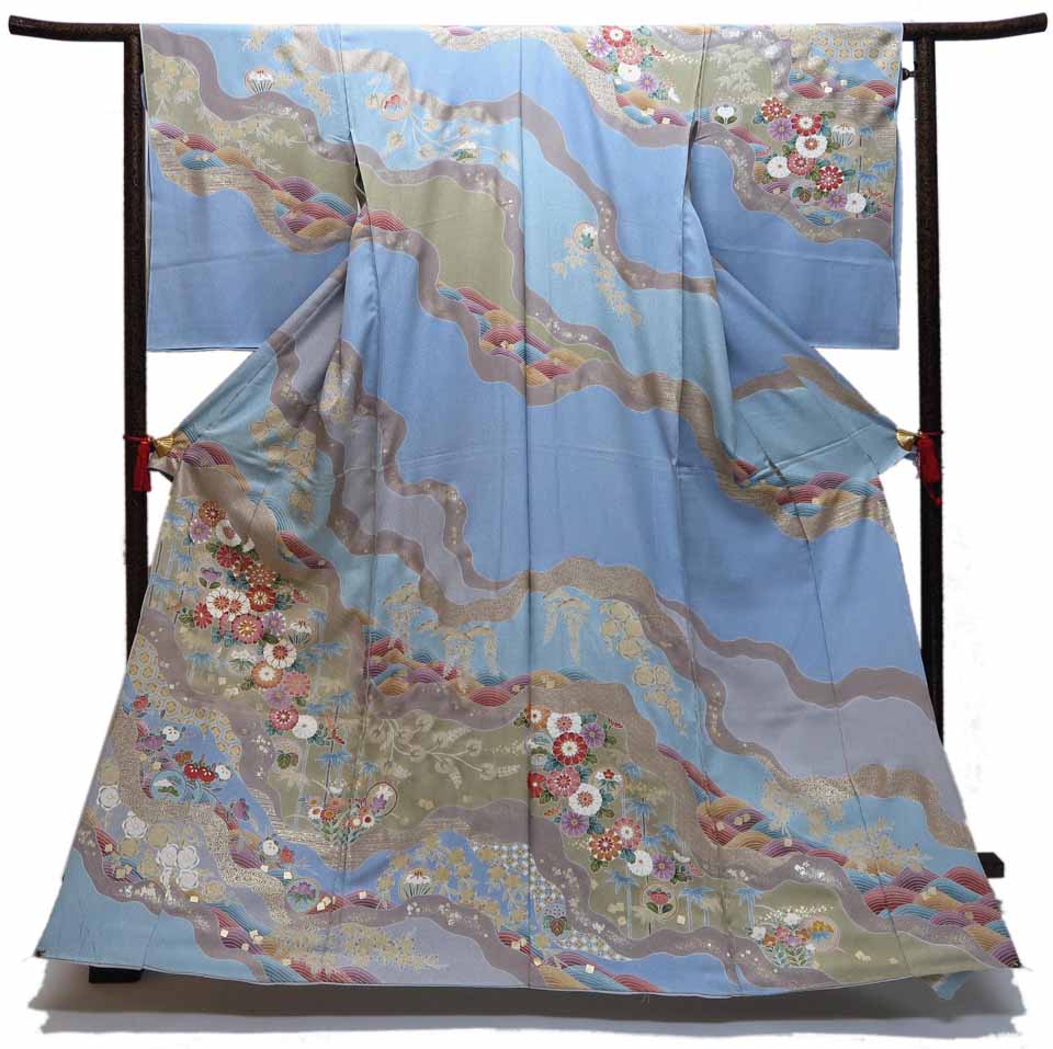 訪問着（京友禅：青藍鼠：道長金彩四君子文）