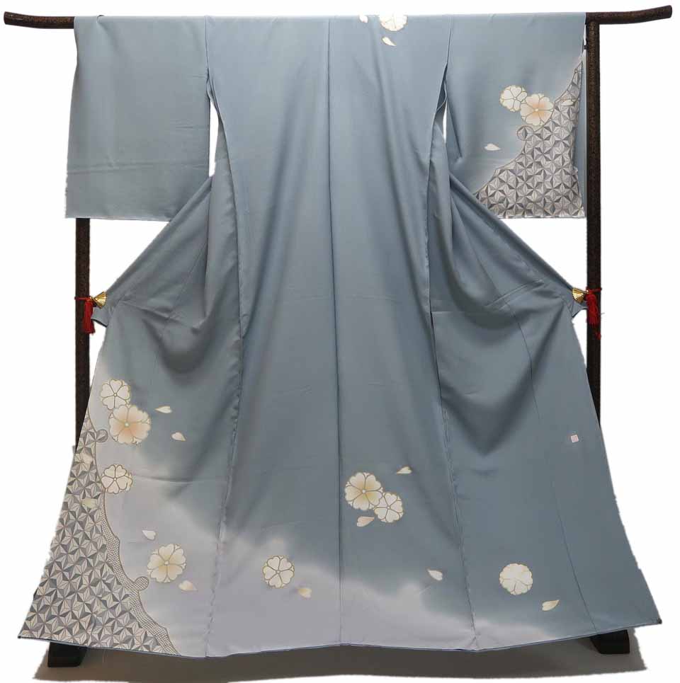 訪問着（京友禅：藍鼠：雪輪麻葉八重桜文）