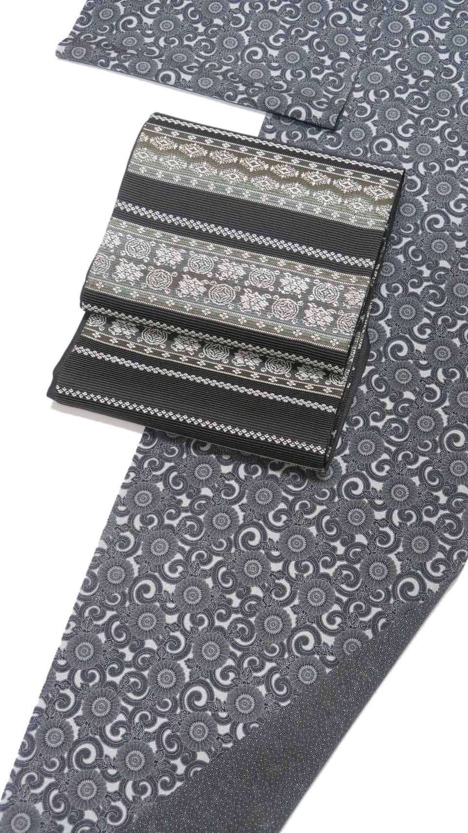 江戸小紋（両面染め：墨黒：菊唐草と霰）