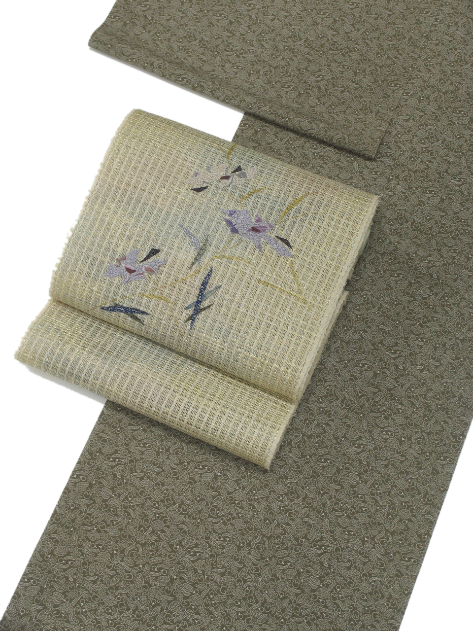 北斎小紋（両面染め：海松色（みるいろ：オリーブ・グリーン）：葛飾北斎：一藤二鷹三茄と流万字）