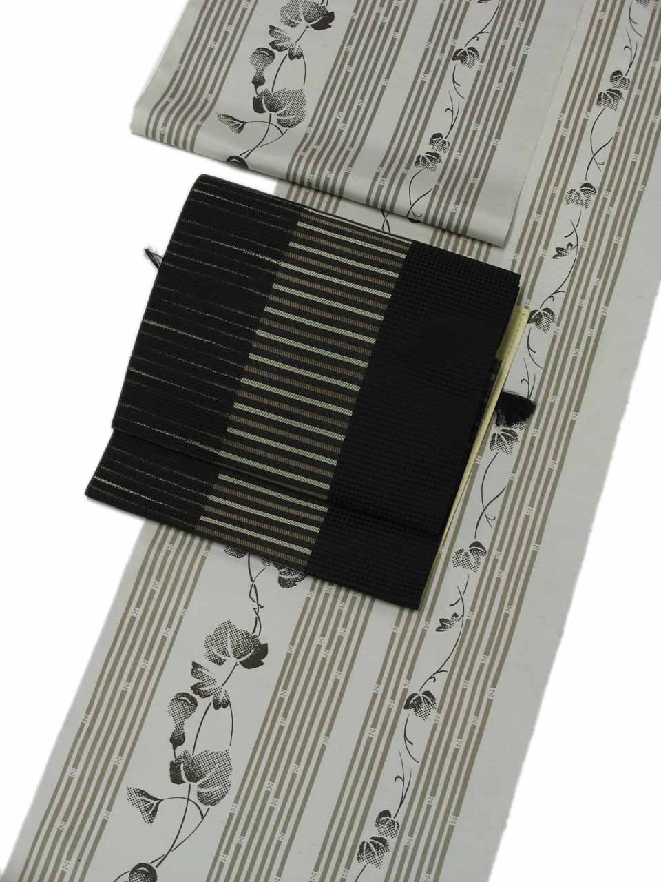 白山紬（白山紬：淡鼠：縞。唐草。瓢箪）