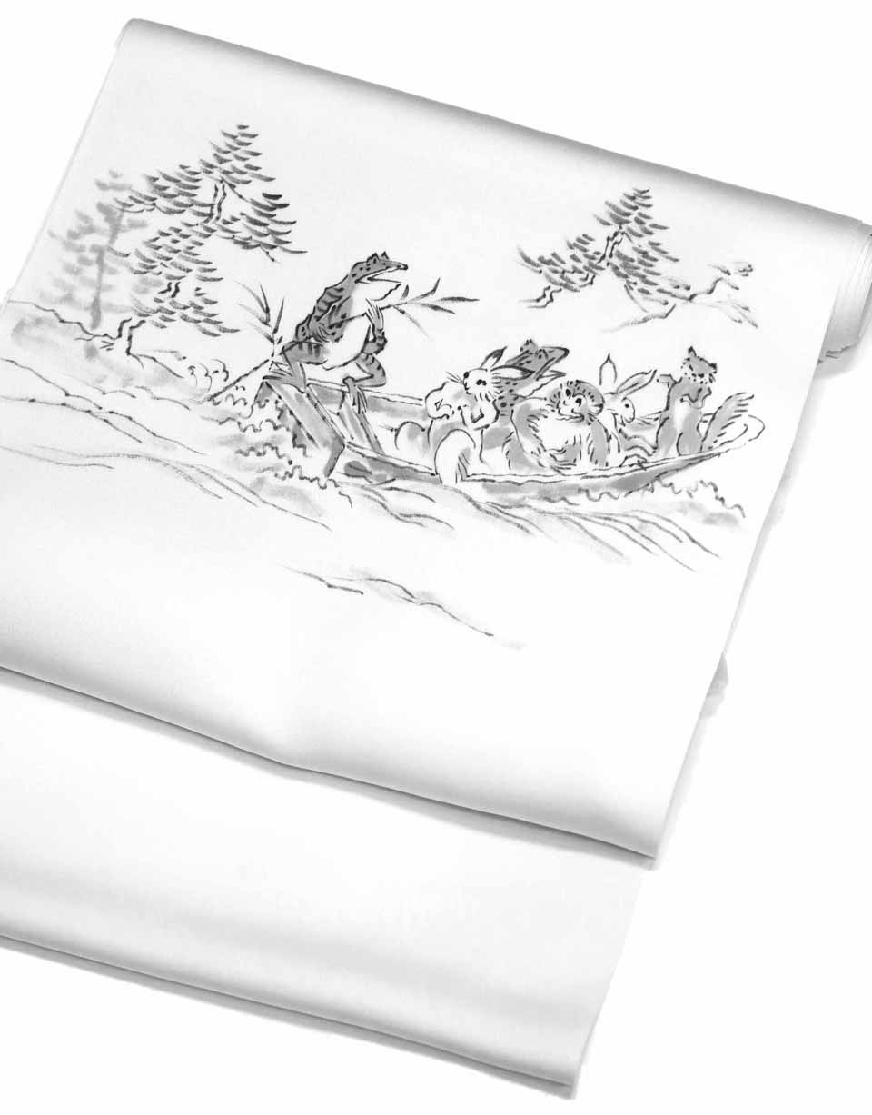 九寸名古屋帯（手描き友禅：白地に墨：鳥獣人物戯画）