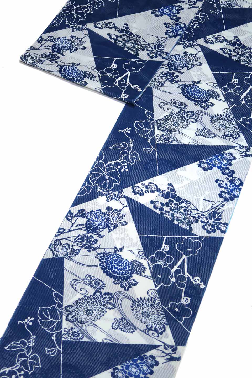 浴衣（染め浴衣：白地に藍紺：桜菊葡萄裂取文）