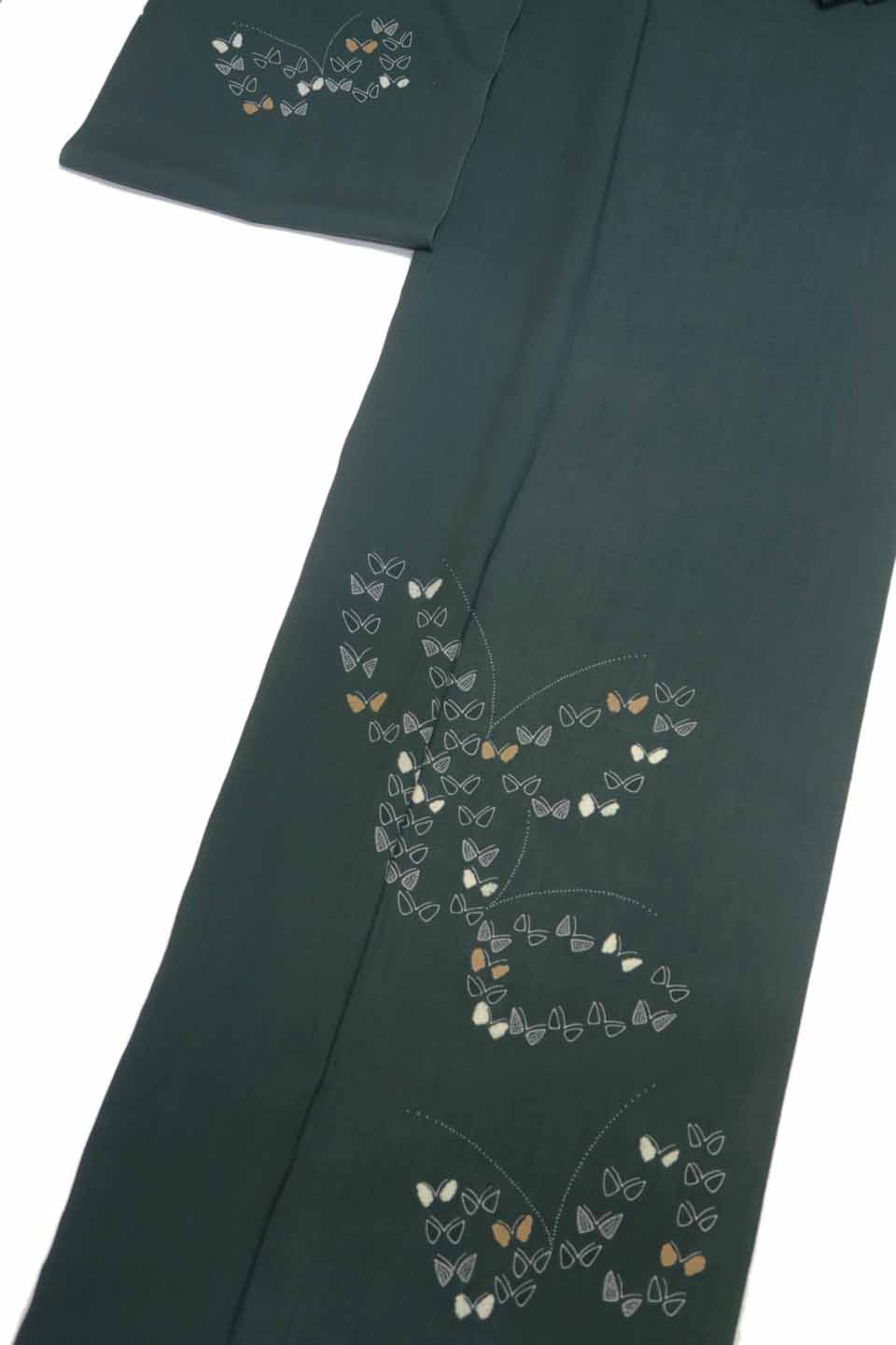 夏結城付下（手描き絞り友禅：海松藍：小蝶飛翔文）