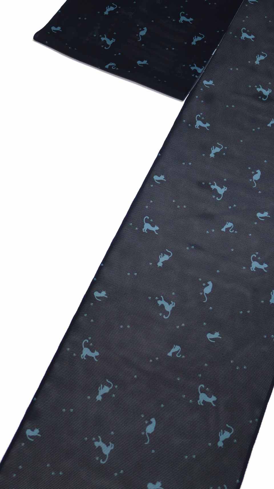 絽小紋（京友禅：濃紺：猫と猫足絣文様）